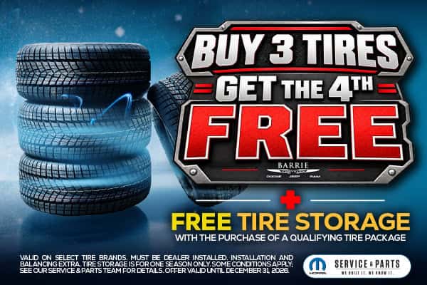 Buy 3 Tires, Get the 4th Free + Free Tire Storage with the purchase of a qualifying tire package